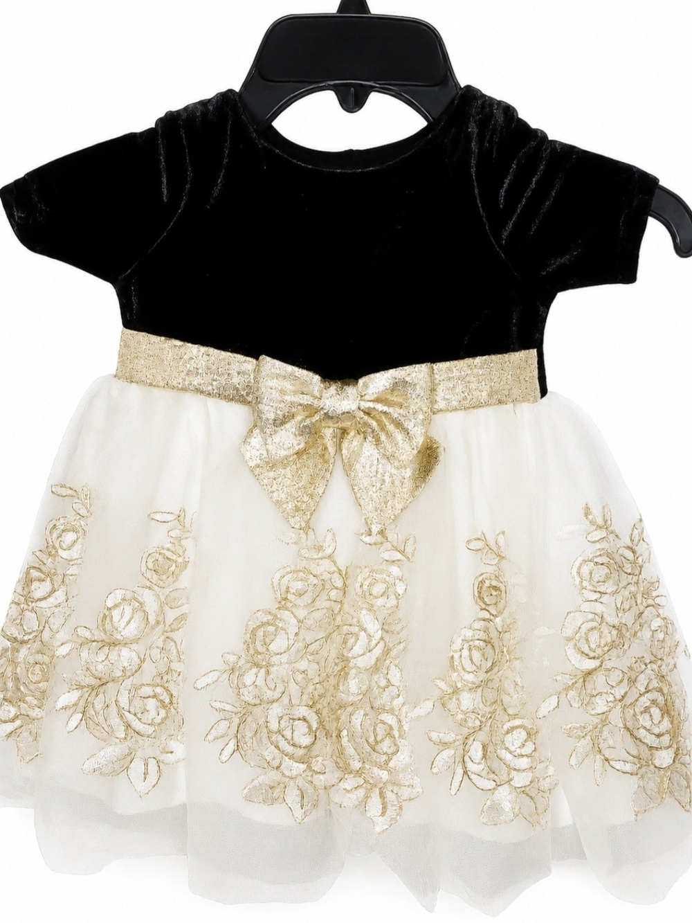 lilt Black Velvet and Gold Embroidered Ivory Tulle Bow Dress